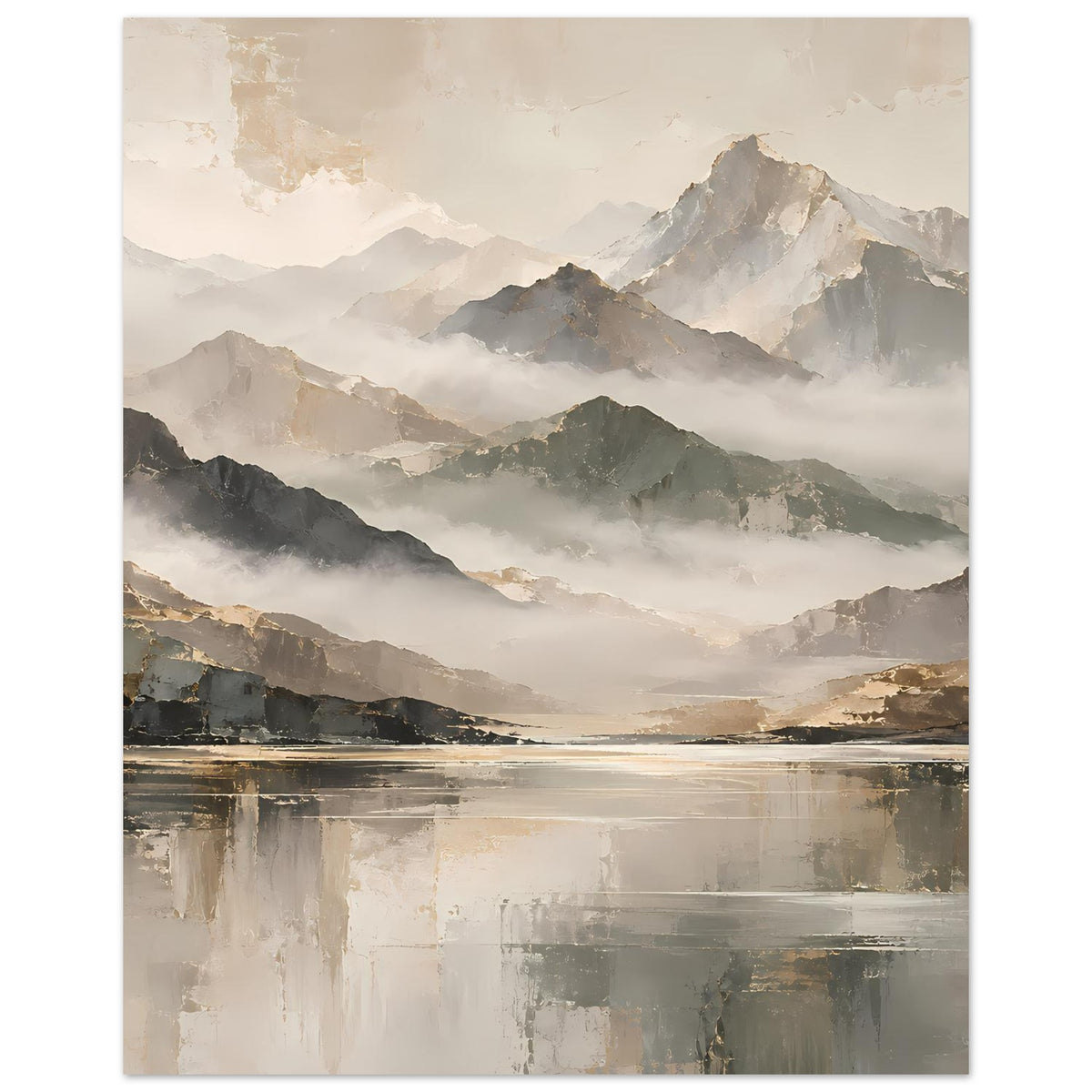 Naturposter im Hochformat: kontrastreiche Berge im Dunst, Beige- und Goldtöne, ruhige Wasserfläche.