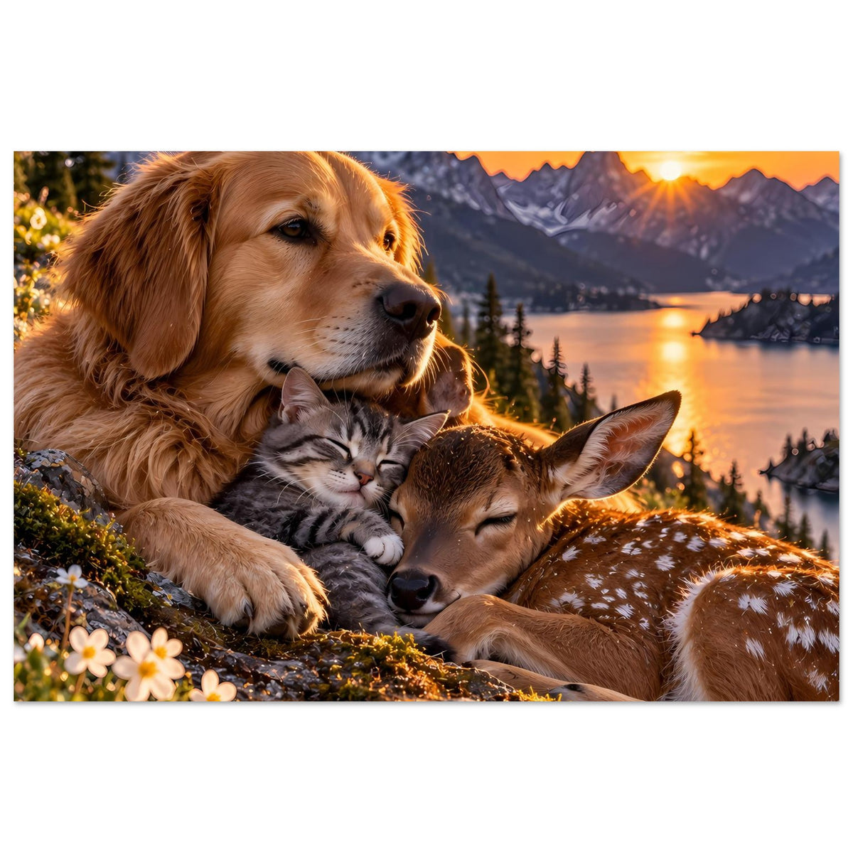 Querformat-Poster: Hund legt sich mit Katze und Reh zusammen, im Hintergrund Berge und Sonne