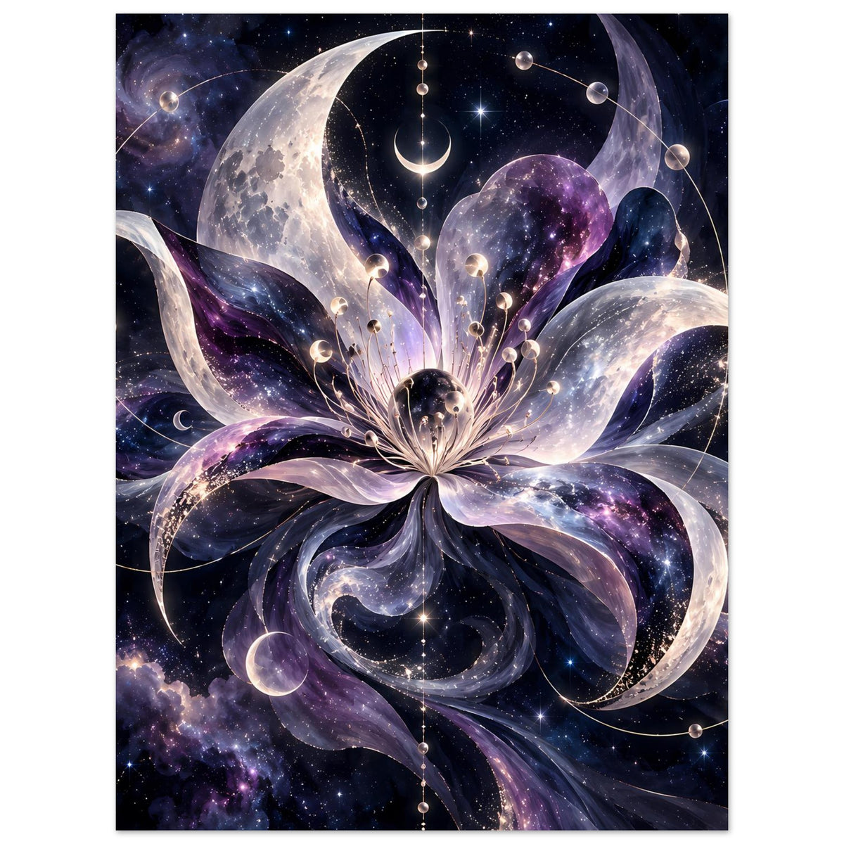 Kosmische Blüte mit Monden, Planeten und Sternen in violett-blauem Weltraum – Motivansicht 10