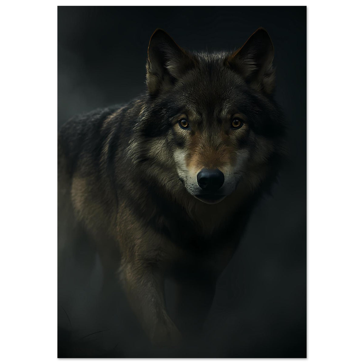 Wolfsposter mit Porträt eines grauen Wolfs, Blick nach vorn, vertikal