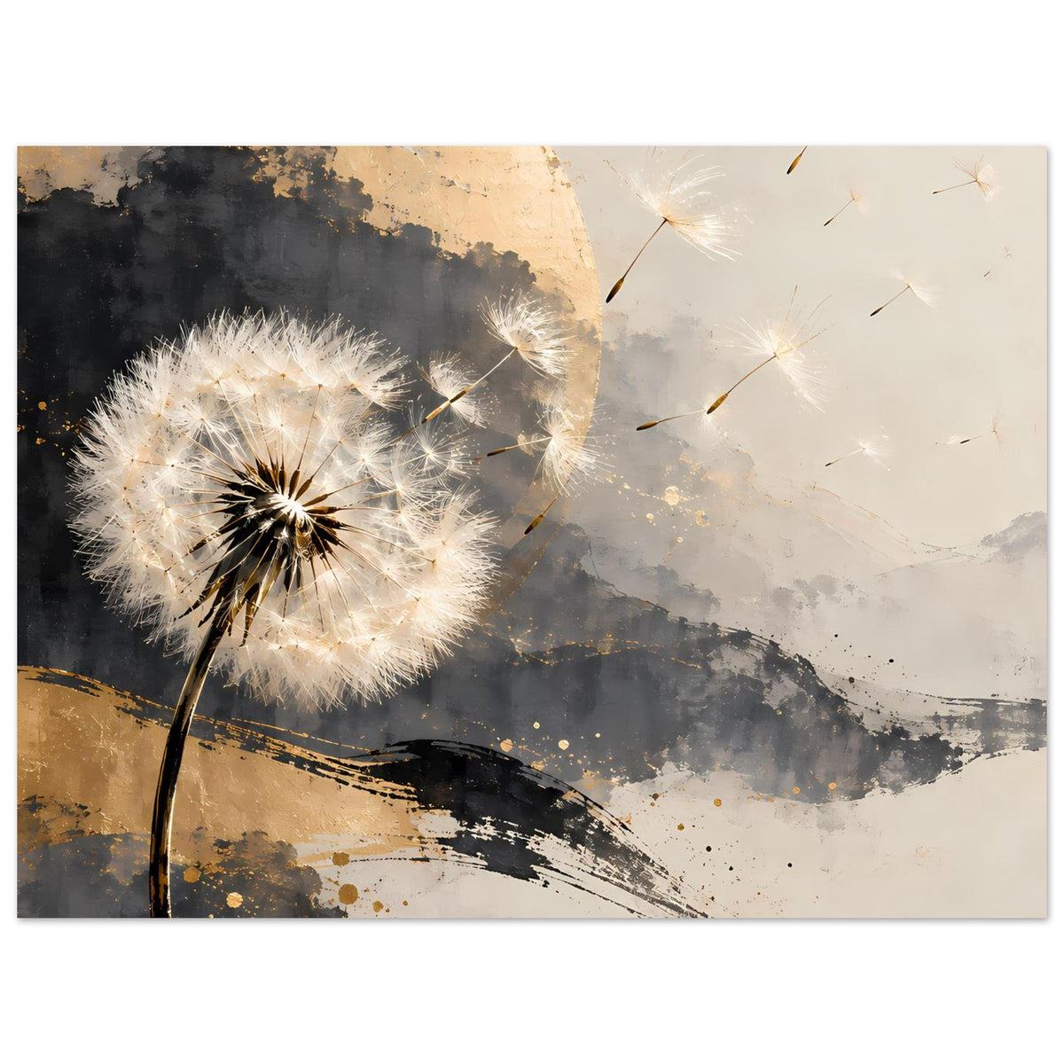 Kunstposter mit Pusteblume, goldgrauer Komposition, weiße Flugfäden und feine Spritzer