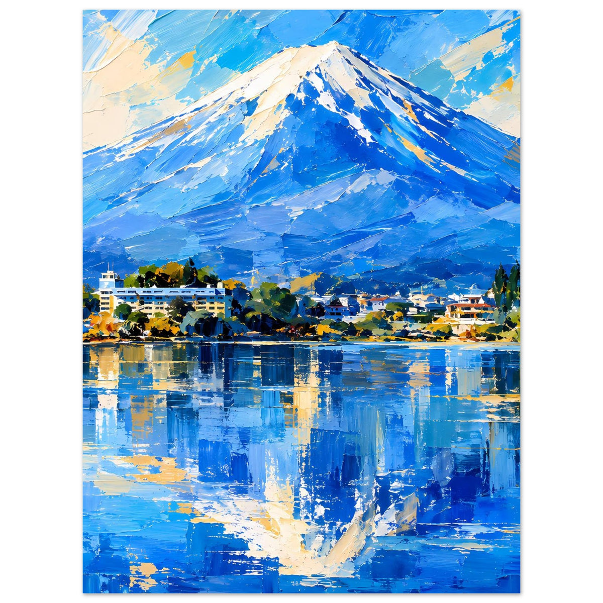 Berglandschaftsposter mit weißem Rand: blaues Bergmotiv, Dorf am Ufer und Spiegelung im See.