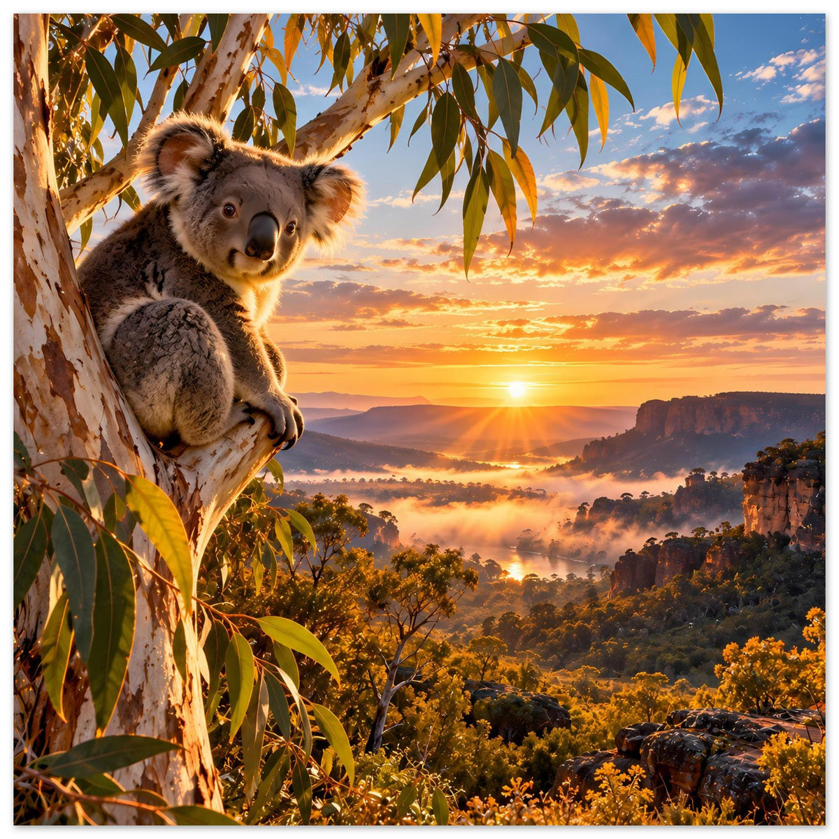 Koala-Poster: sitzender Koala an Baum, Sonnenuntergang über bewaldeten Hügeln