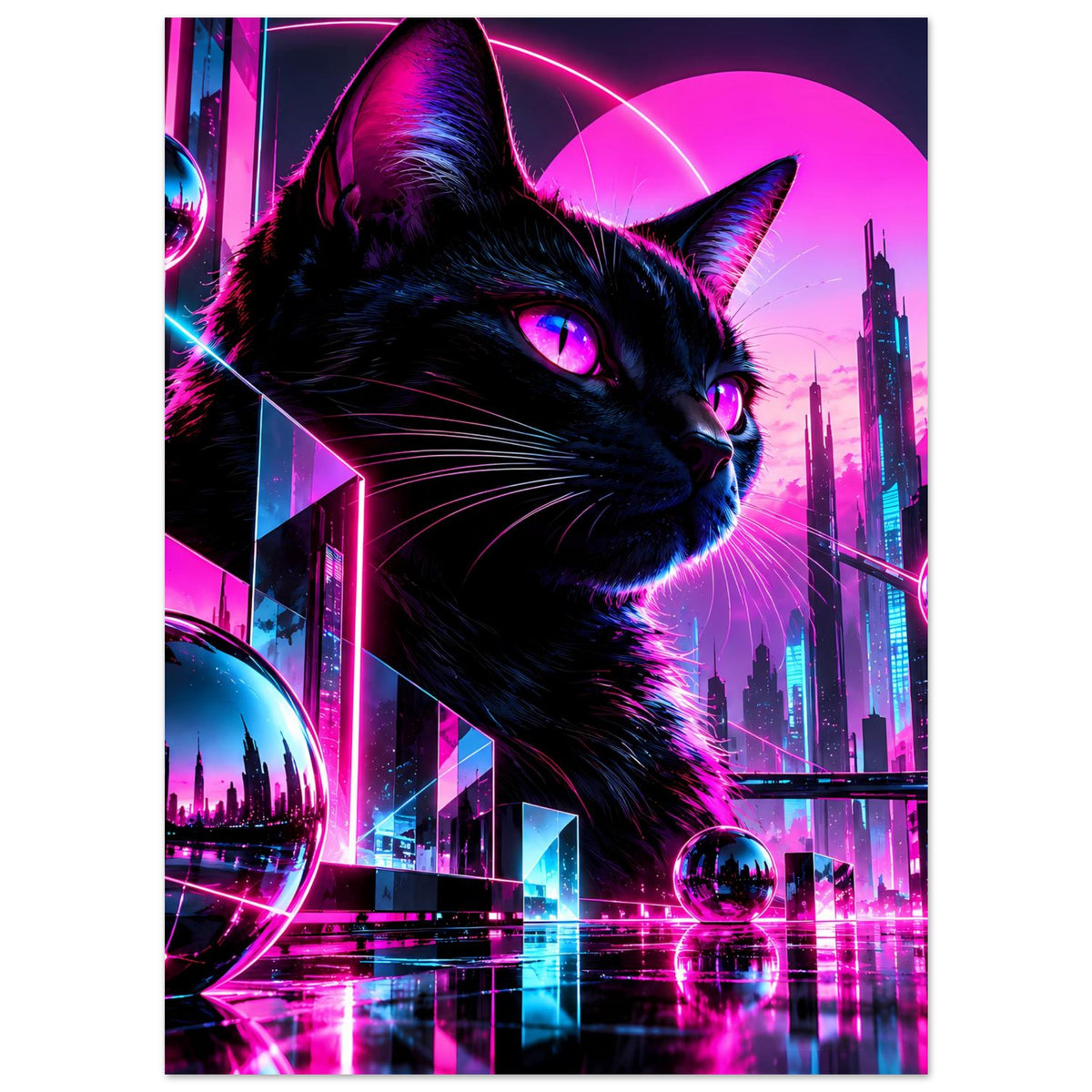 Neon-Cat-Poster: schwarzer Kater mit violettem Auge, Neon-Wolkenkratzer und Strahlen