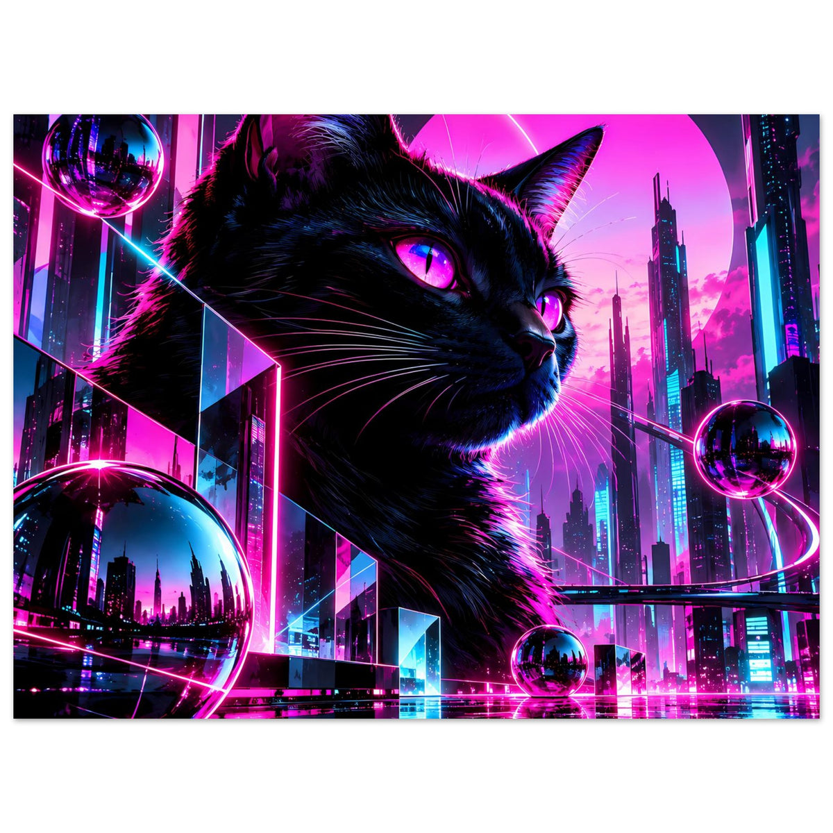Neonkatzen-Poster im Querformat mit schwarzer Katze, Neonbögen und Glas-Kuppeln