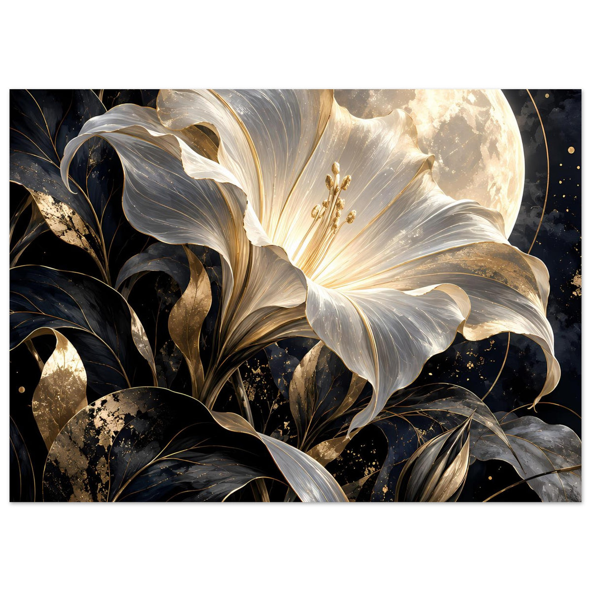 Poster mit leuchtender Blume und Mond, schwarz-goldene Ornamentblätter und goldene Sprenkel