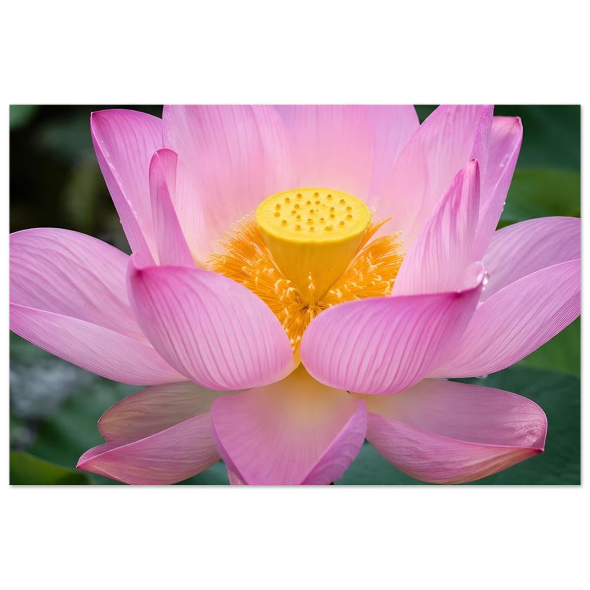 Lotusblüten-Poster mit klarer pinker Lotusblüte und gelbem Blütenkern im rechteckigen Rahmen