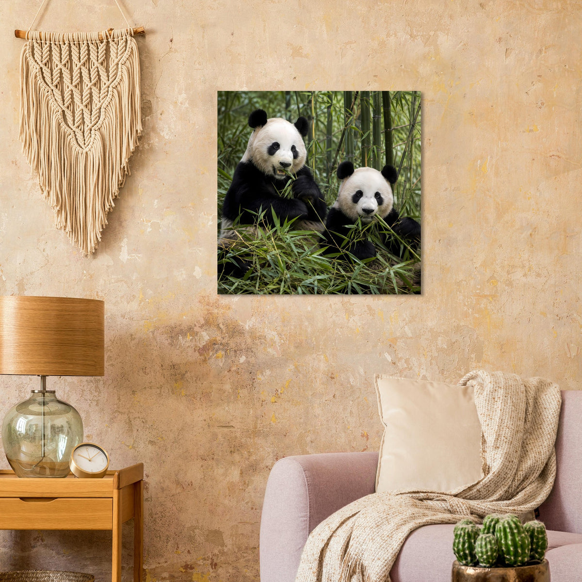 Wandposter mit zwei Pandas im Bambuswald, quadratisches Motiv im Rahmen