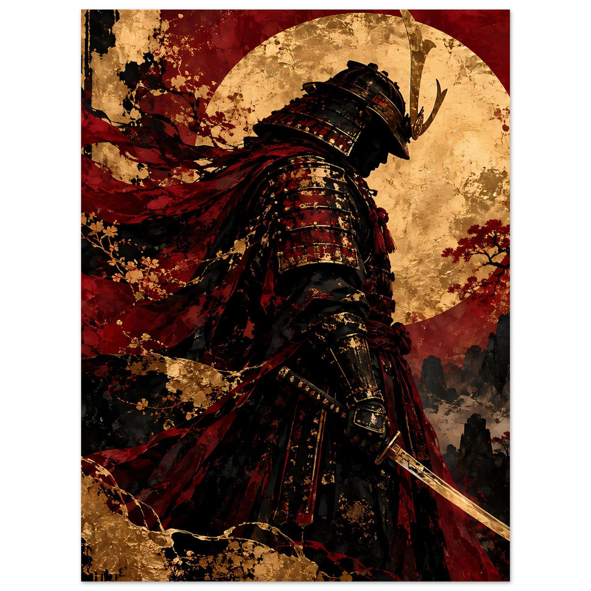 Japan-Poster mit Samurai-Krieger in dunkler Rüstung, rotem Umhang, Katana und Halbmond