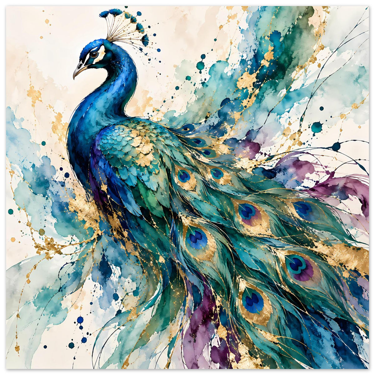 Aquarell-Poster mit Pfau in Blau, Grün und Gold, Federaugen und Farbklecksen
