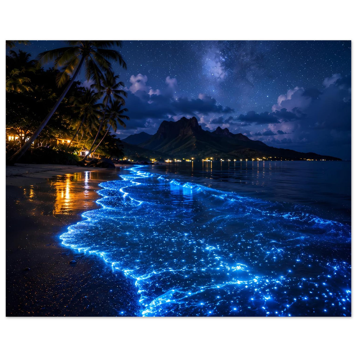 Poster mit blau schimmernden Wellen am Strand und dunkler Küste bei Nacht