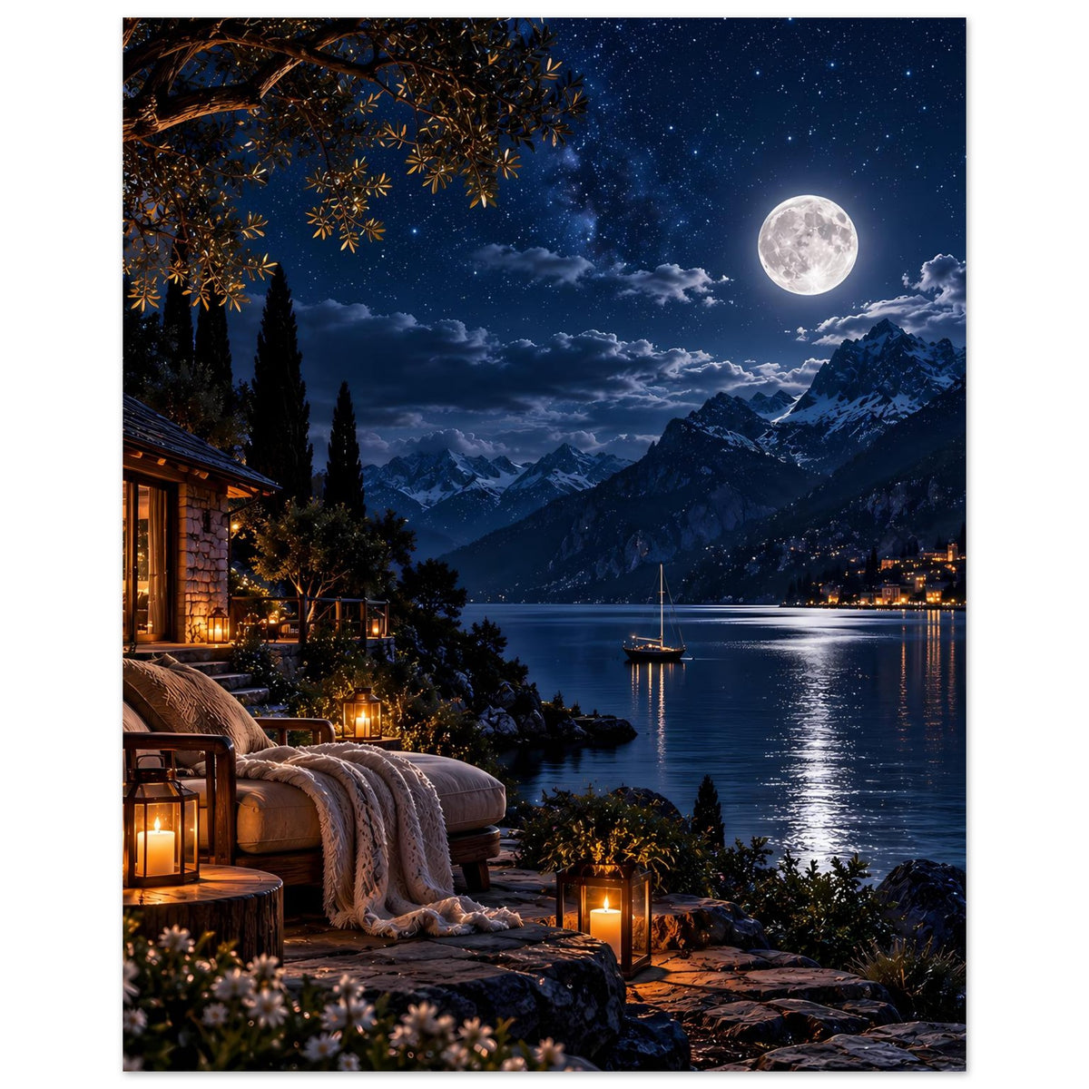 Poster mit Mond über ruhigem See, Berge, beleuchtete Steinterrasse links und Boot
