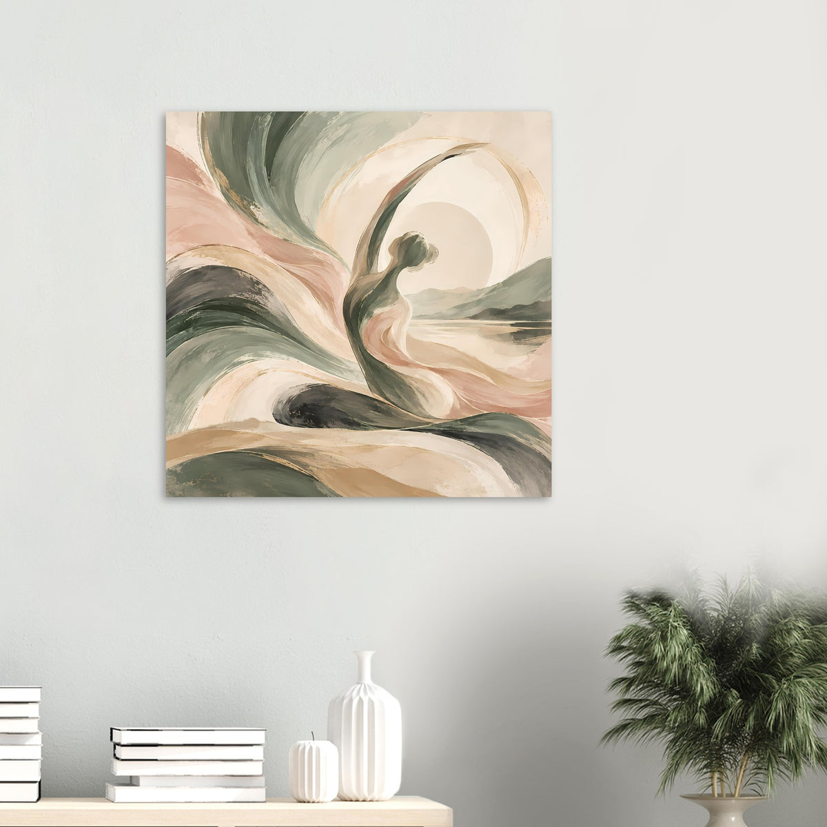 Abstraktes Kunstposter (klein) mit Wellen-Pinselstrichen, Kreisform und erdigen Pastelltönen.