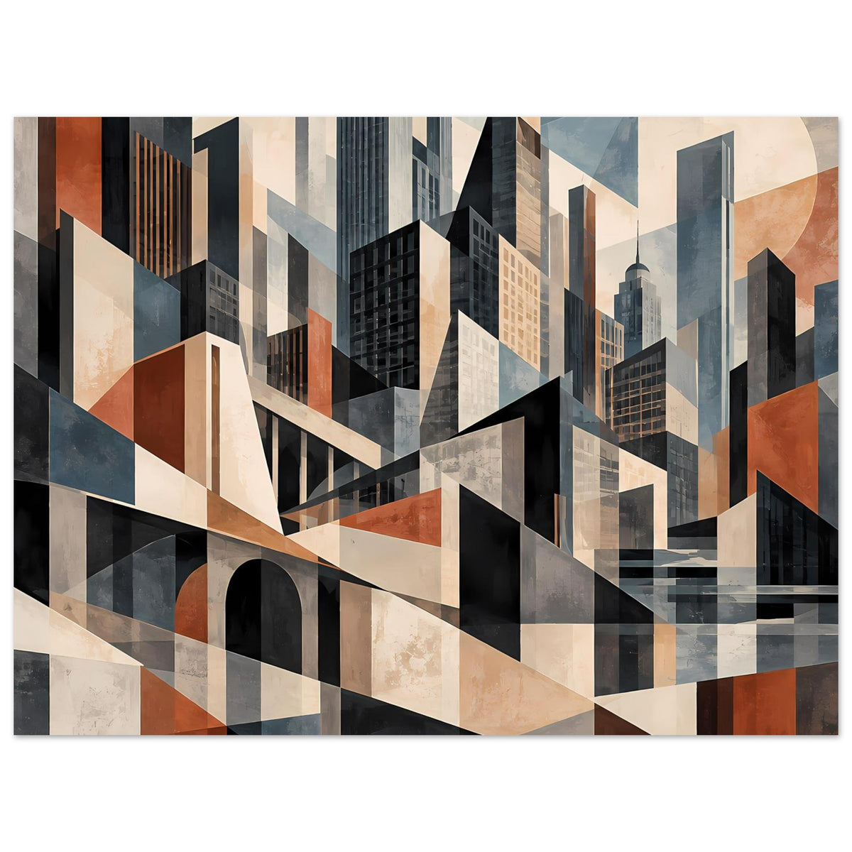 Architekturposter: breite geometrische Skyline mit Bogenfenstern, dunklen Fassaden und warmen Terrakotta-Tönen
