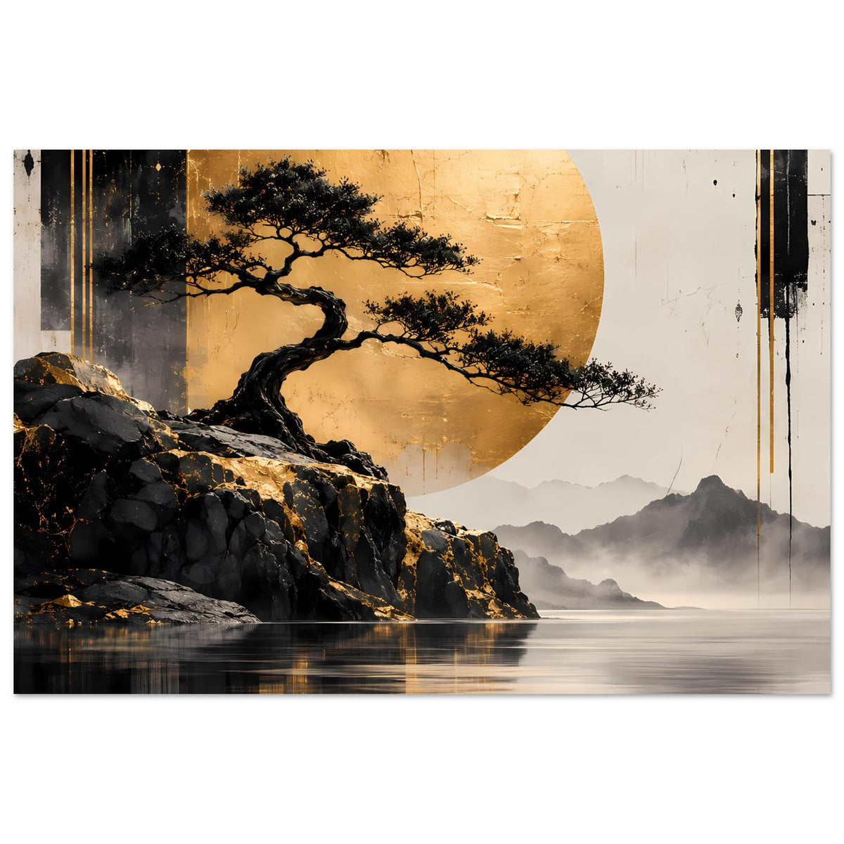 Poster-Print im Zen-Look: schwarzer Baum, goldene Sonne, Felsen, Nebel und Wasser