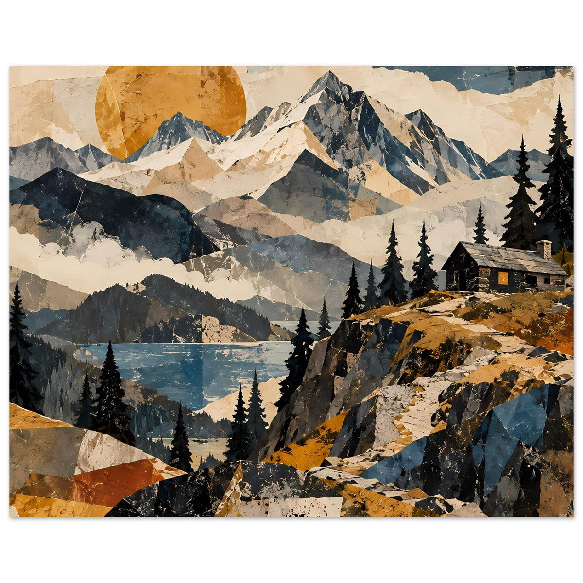 Naturposter mit hohen Bergen, Tannenwald, See und Hütte auf felsigem Hang
