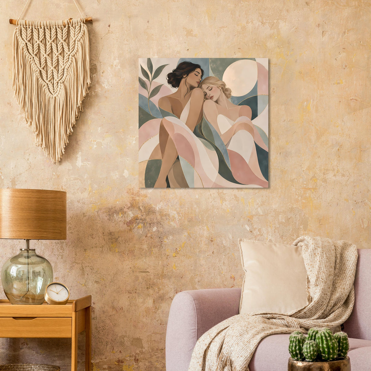Quadratisches Kunstposter: Art-nouveau Figuren, pastellige Beige-, Grün- und Rosatöne, Halbmond