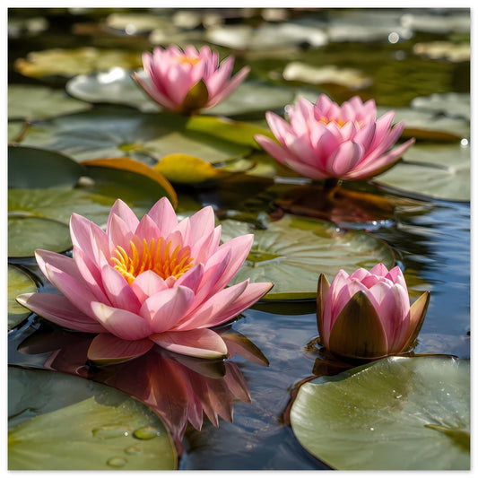 Poster mit rosa Seerosen auf ruhiger Wasseroberfläche, grüne Blätter und Knospen