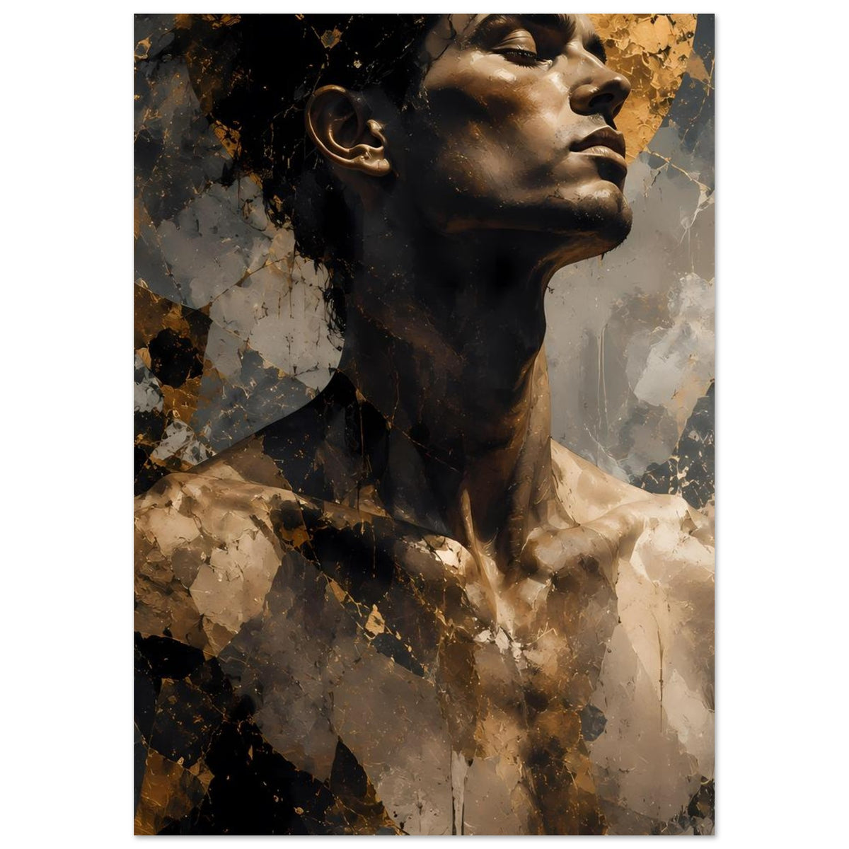Kunstposter mit abstraktem Männerporträt in Gold- und Schwarztönen, vertikaler Ausschnitt, Profil.