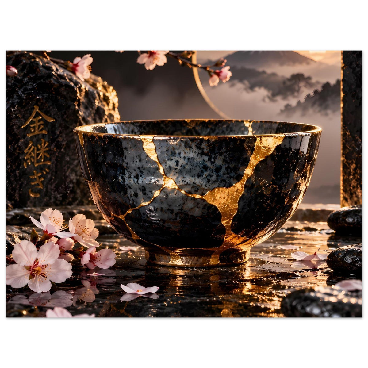 Poster-Print mit Kintsugi-Look: goldene Risslinien auf dunkler Schale, Kirschblüten am Rand