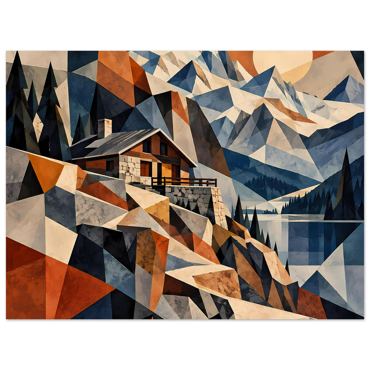 Geometrisches Berglandschafts-Poster mit Hütte, Kiefern und Bergspitzen in Blau, Beige und Rostrot