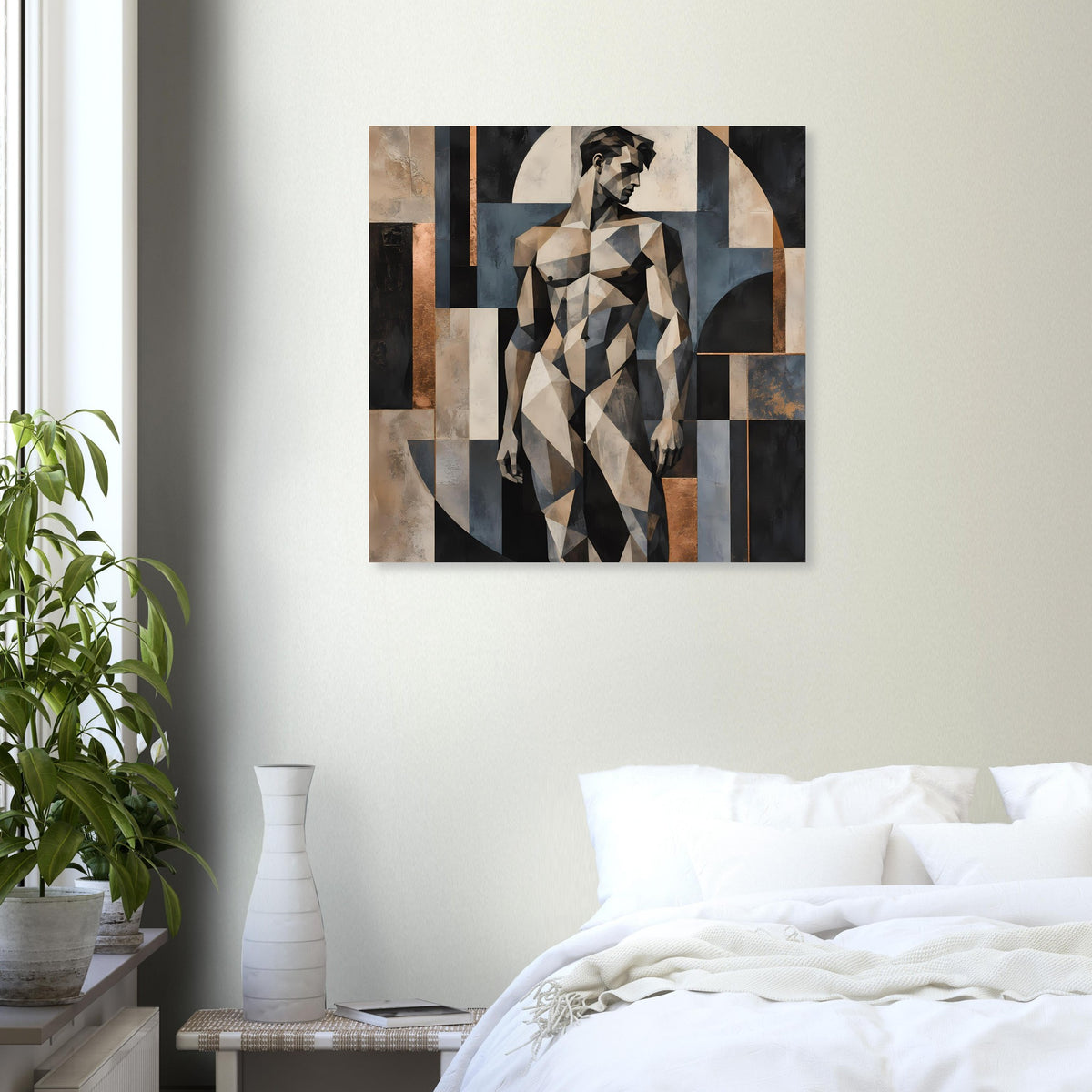 Kunstposter mit geometrischer Aktfigur im Blockmuster, warme Brauntöne und Blau
