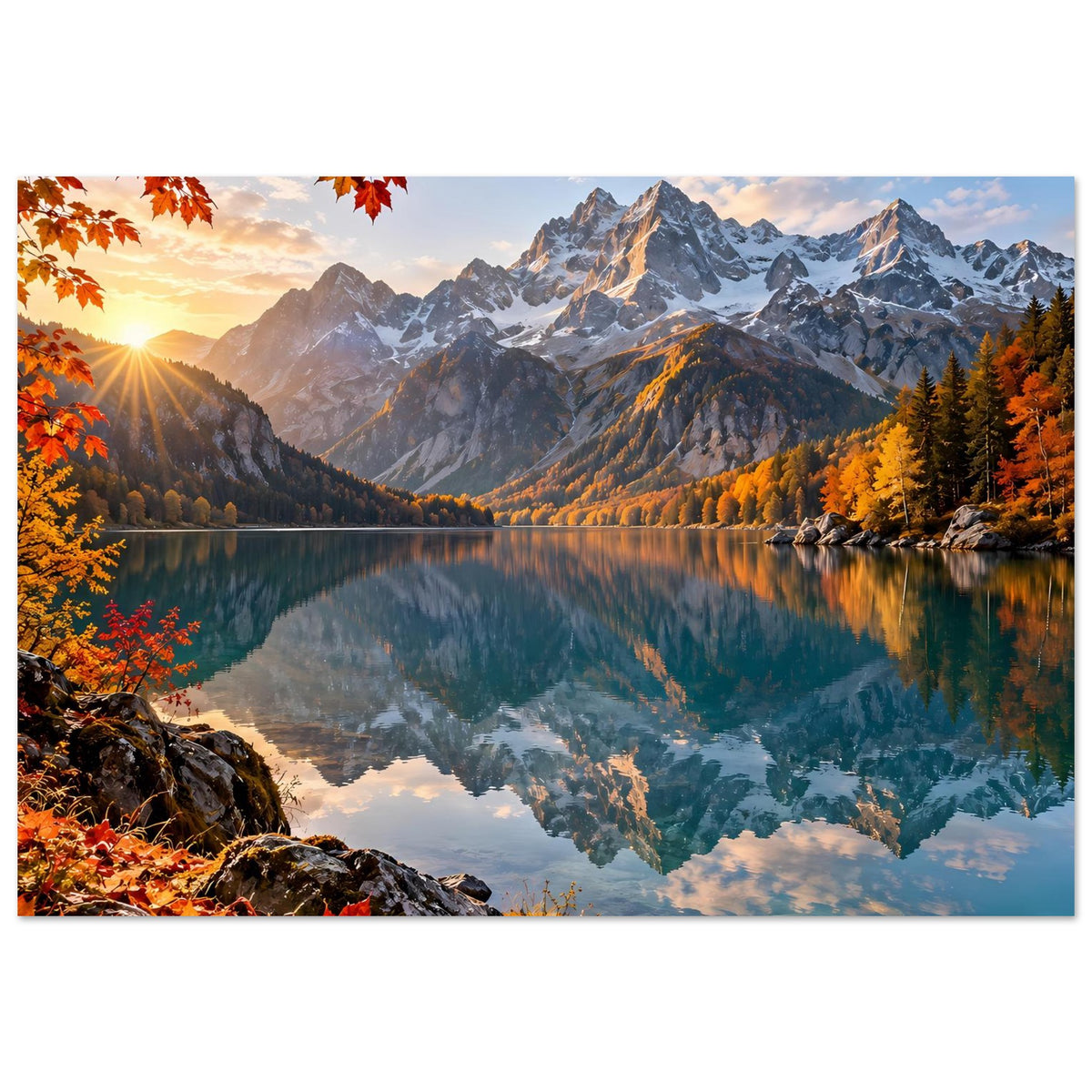 Herbstliches Landschaftsposter (quer): Alpenberge über See, Felsufer und Spiegelung