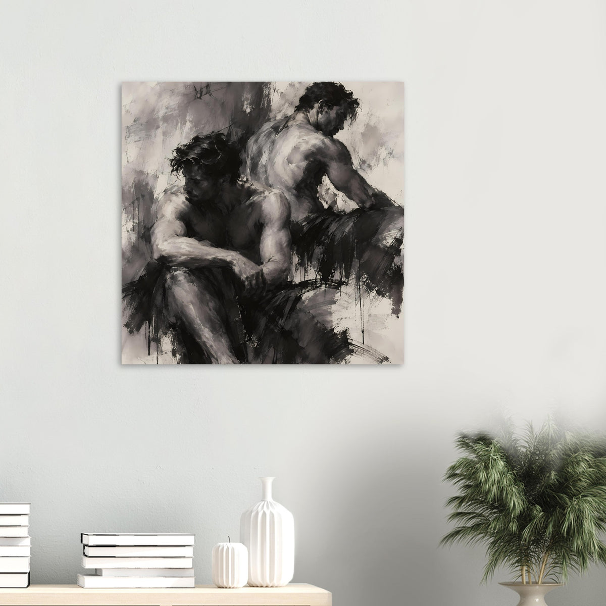 Zwei expressive menschliche Figuren in Schwarz-Weiß mit dynamischen Pinselstrichen – Posteransicht 50