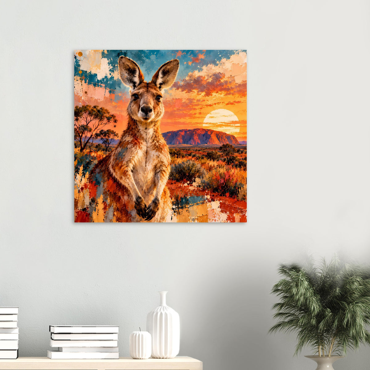 Quadratisches Poster mit Känguru im Buschland und Abendsonne