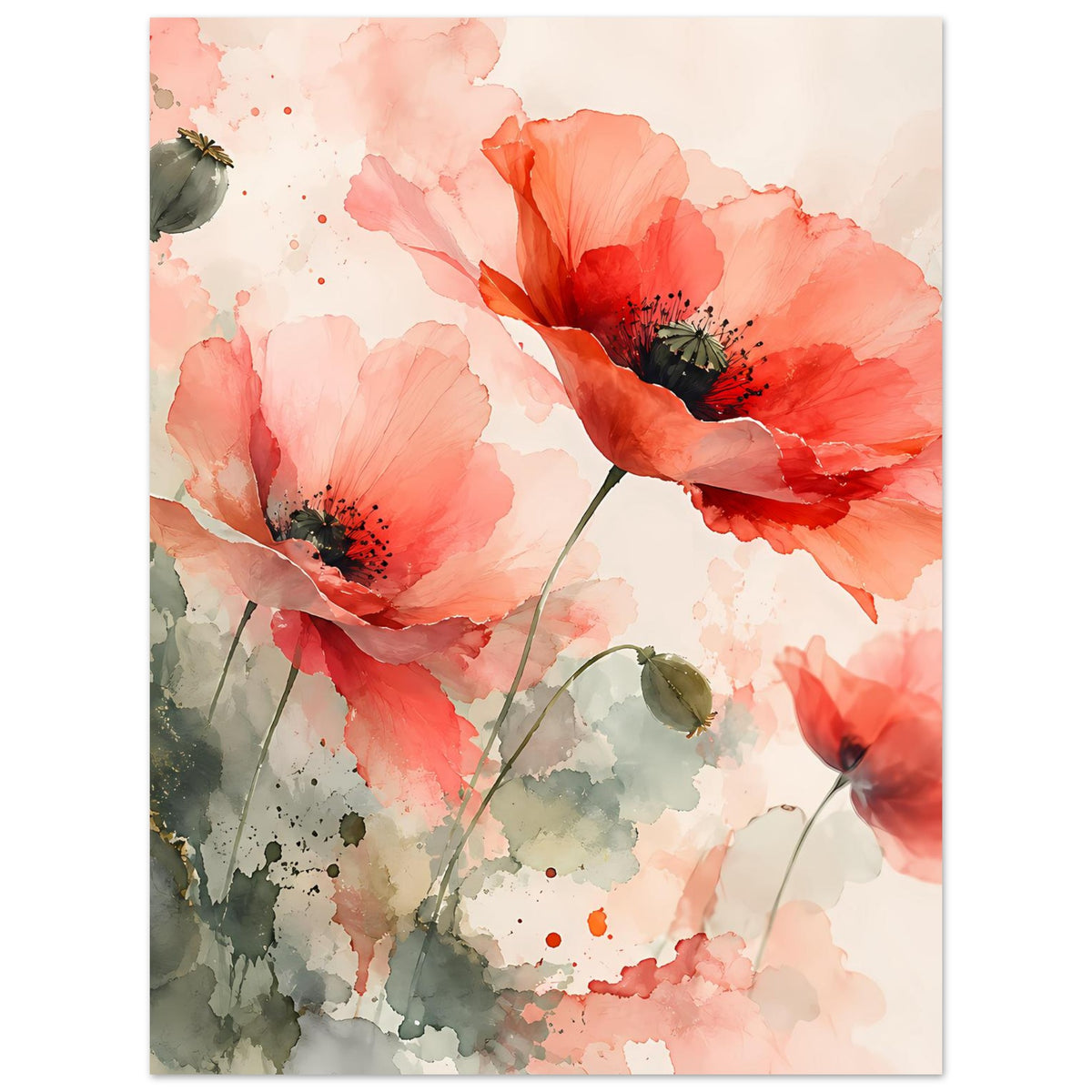 Aquarell-Poster mit Mohnblumen in Korallrosa und roten Akzenten, grünen Blättern