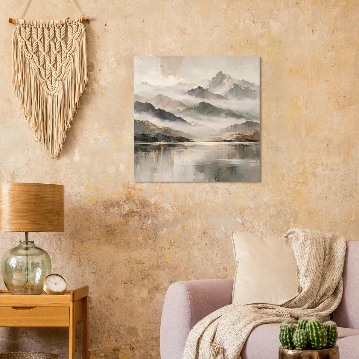 Naturposter mit nebligen Bergen und ruhigem See, Beige- und Goldtöne