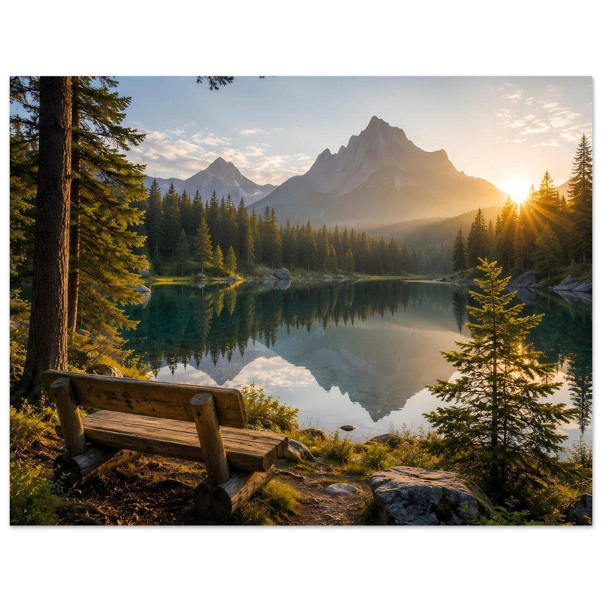 Poster mit Berglandschaft: Nadelwald, ruhiger See mit Reflexion, Holzbank und Steine im Vordergrund