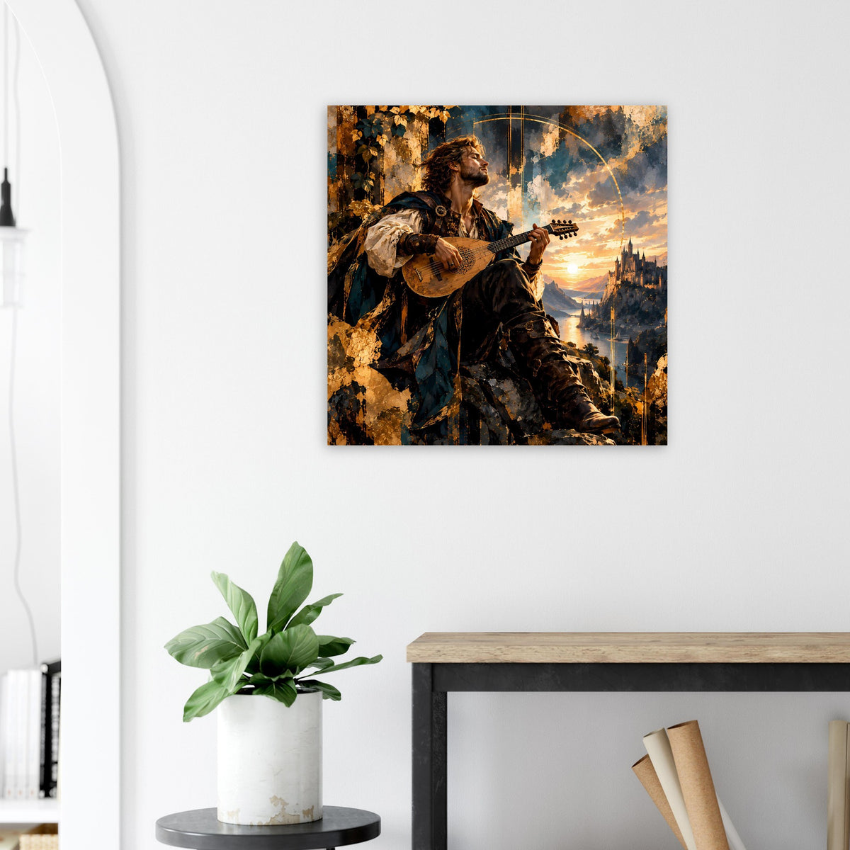 Fantasy-Barden-Poster mit Gitarrenspieler und Sonnenuntergangslandschaft, quadratisch
