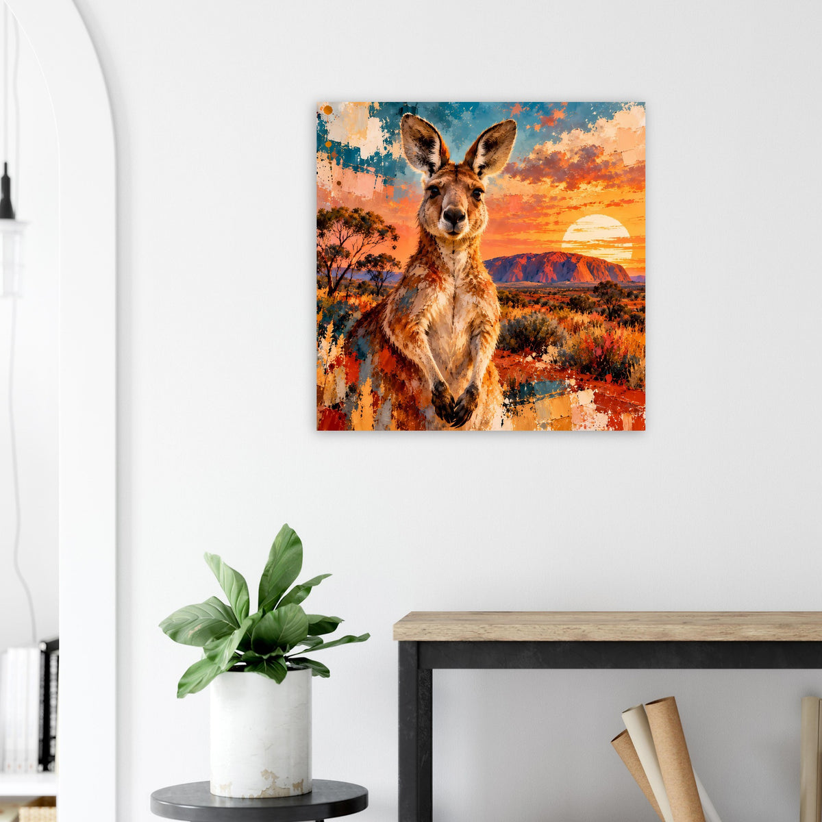 Quadratisches Wandposter mit Känguru, Sonnenuntergang und bunten Farbflächen