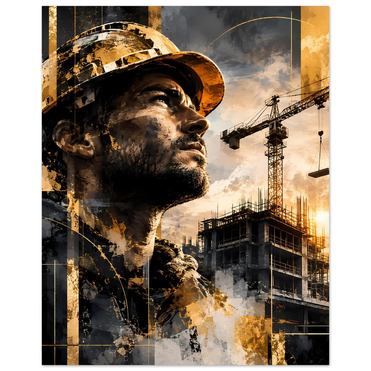 Bauarbeiter-Porträt-Poster, Großansicht des Gesichts mit Helm und Baustellenkränen