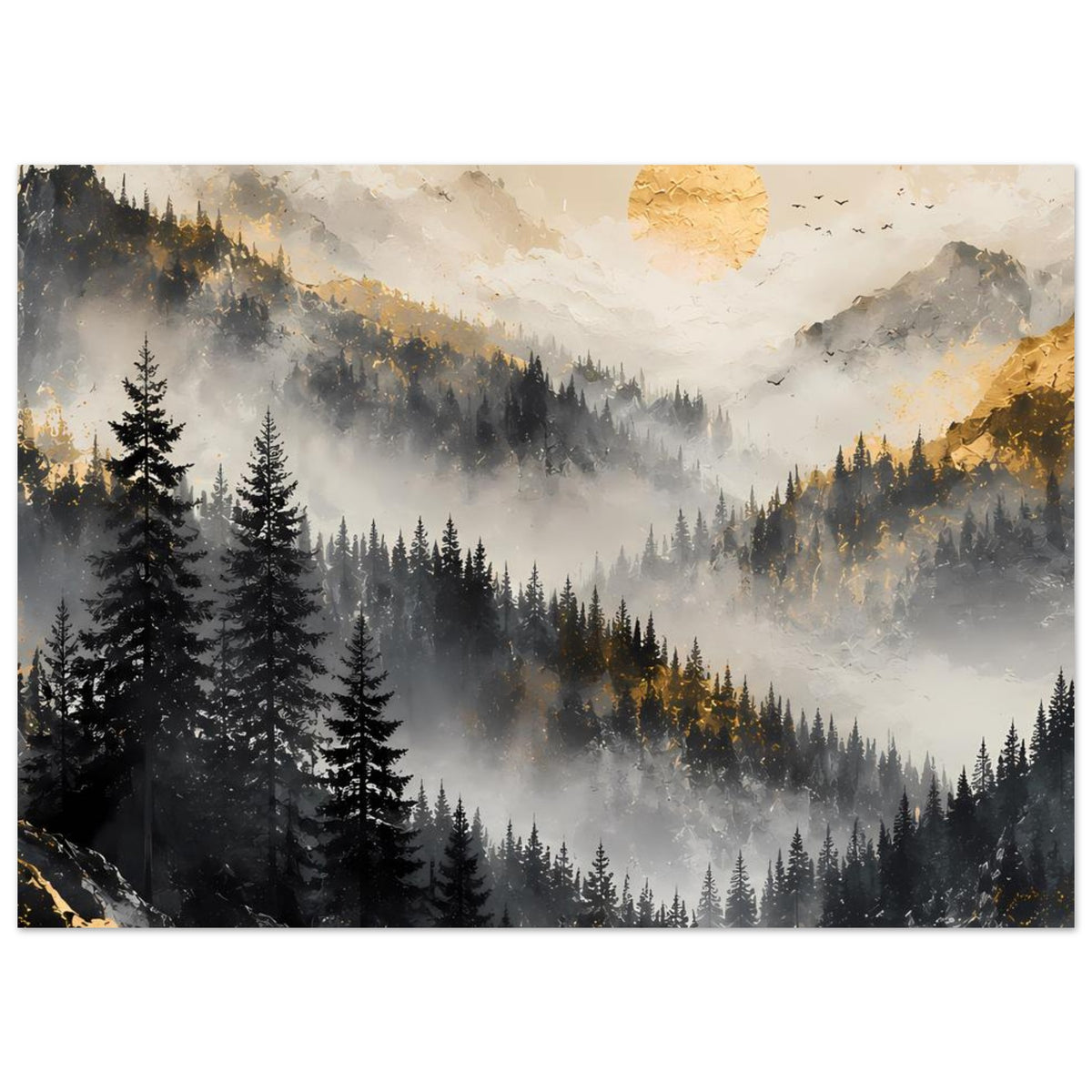 Querformat-Poster mit Berglandschaft: Nebel über Tannen, goldene Sonne, Felsformation rechts