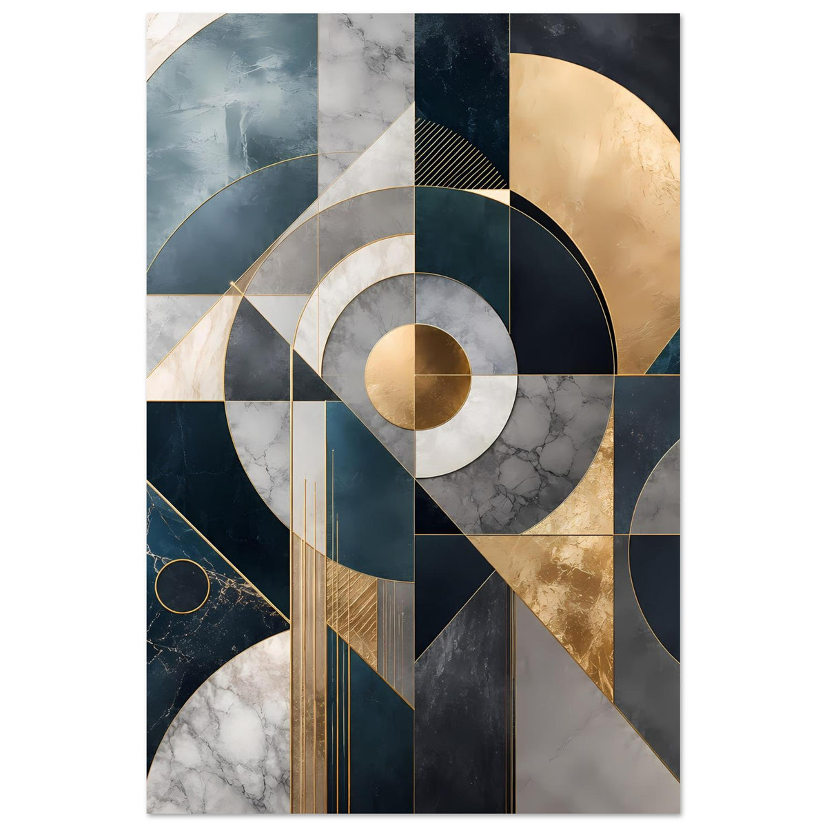 Vertikales Kunstposter mit geometrischem Design, Kreise in Blau-Grau und Goldakzenten