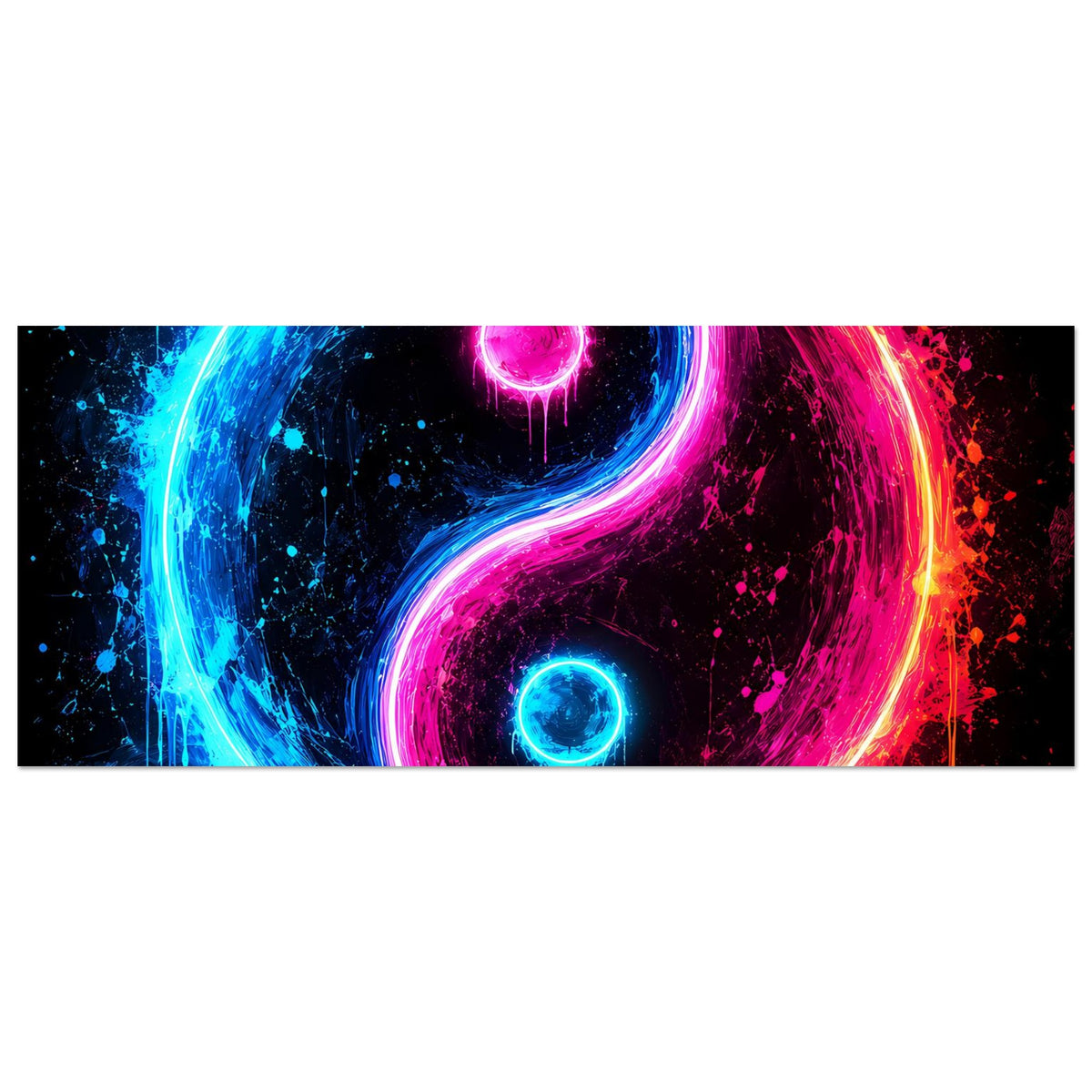 Neon-Yin-Yang-Poster im Querformat: blaues und pinkes Yin-Yang, Farbspritzer und Tropfen.