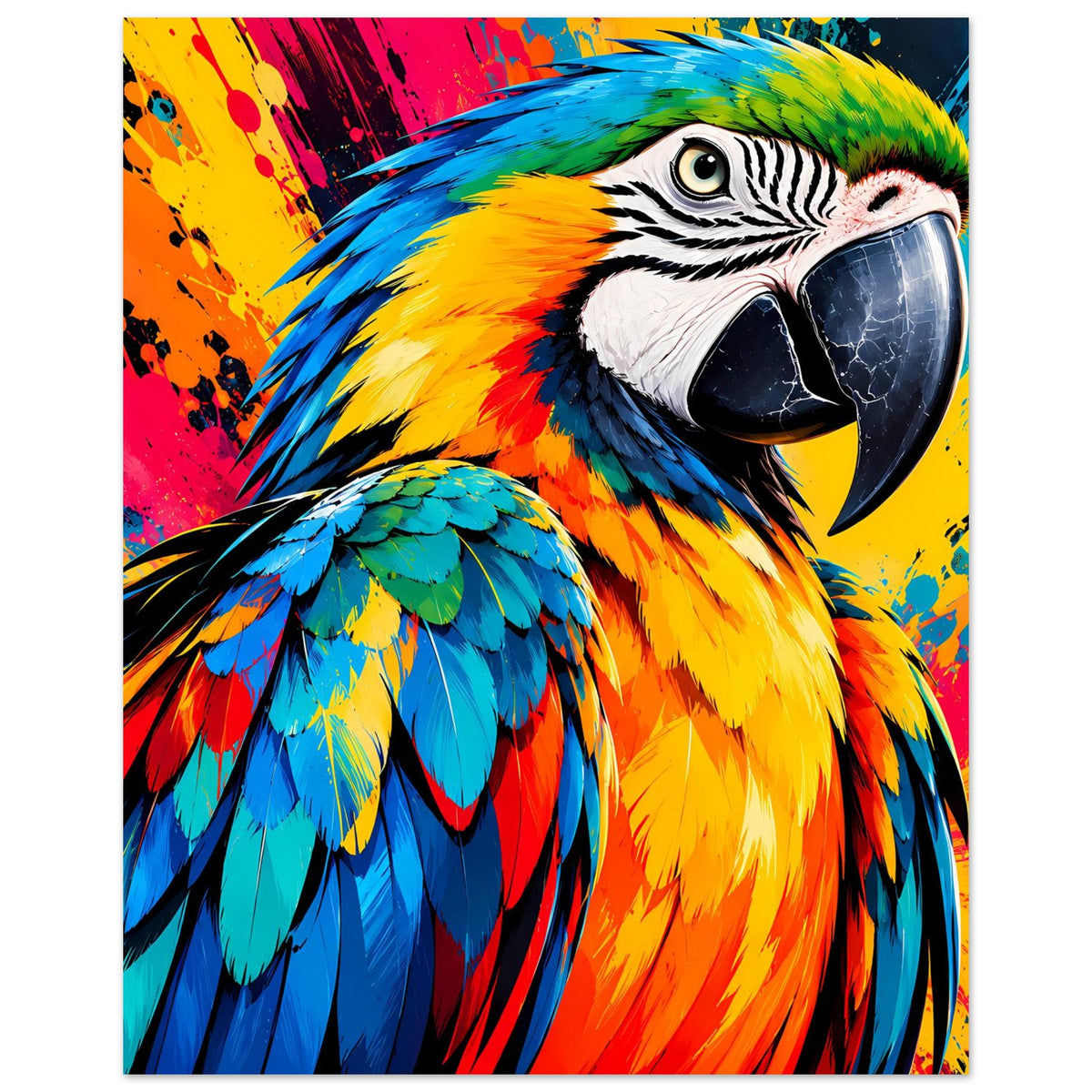 Vertikales Poster mit Papageienkopf, intensiven Rainbow-Federn und kontrastierendem Schnabel