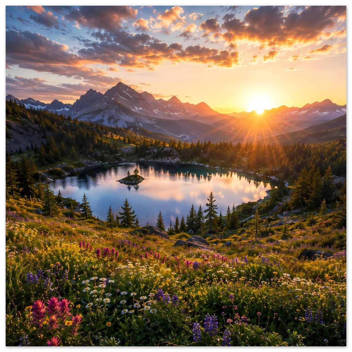 Wandposter mit Sonnenuntergang über Bergsee, umliegendem Wald und bunten Blumen