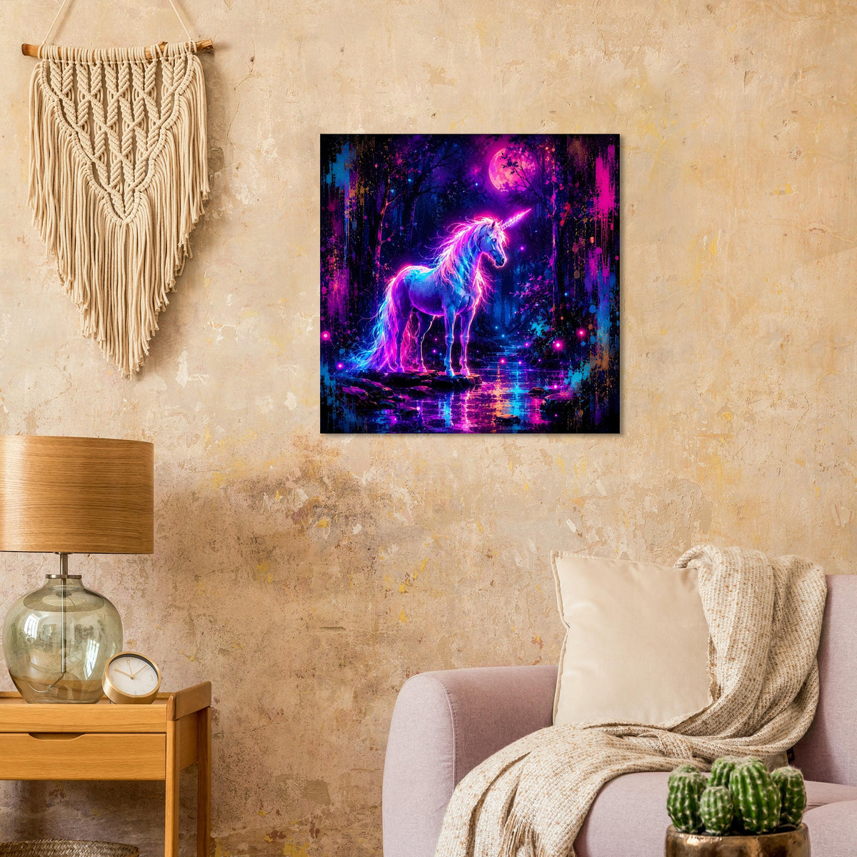 Quadratisches Poster mit Neon-Einhorn im Wald, pink-violettes Mondlicht und Sterne