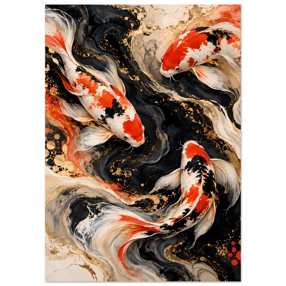 Kunstposter mit Koi-Fischen in Rot, Weiß und Schwarz, goldene Sprenkel im Wirbelmuster