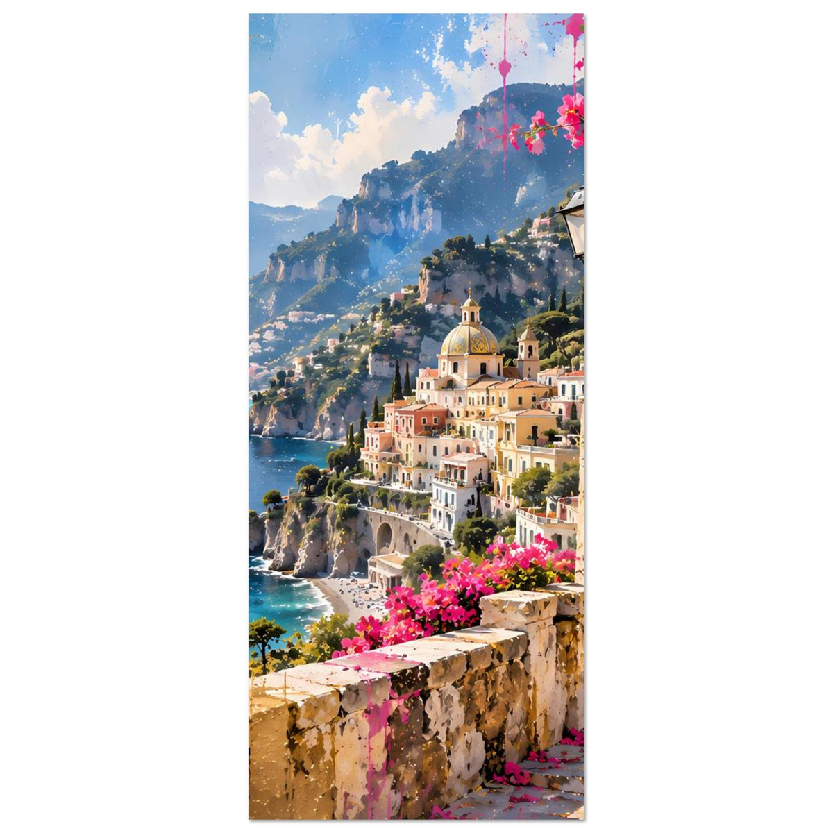 Vertikales Poster mit Küstenstadt, Felsbalkon und pinken Blüten vor Meerblick