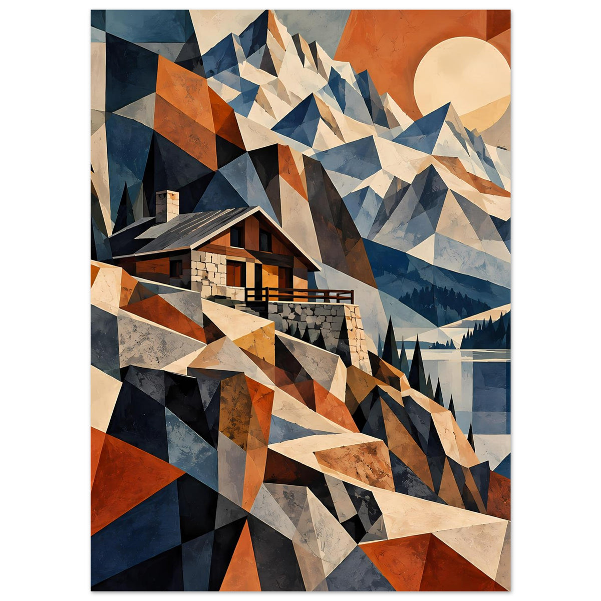 Geometrisches Berglandschafts-Poster mit Haus, Felsgrat und Bergen in Blau-Rottönen