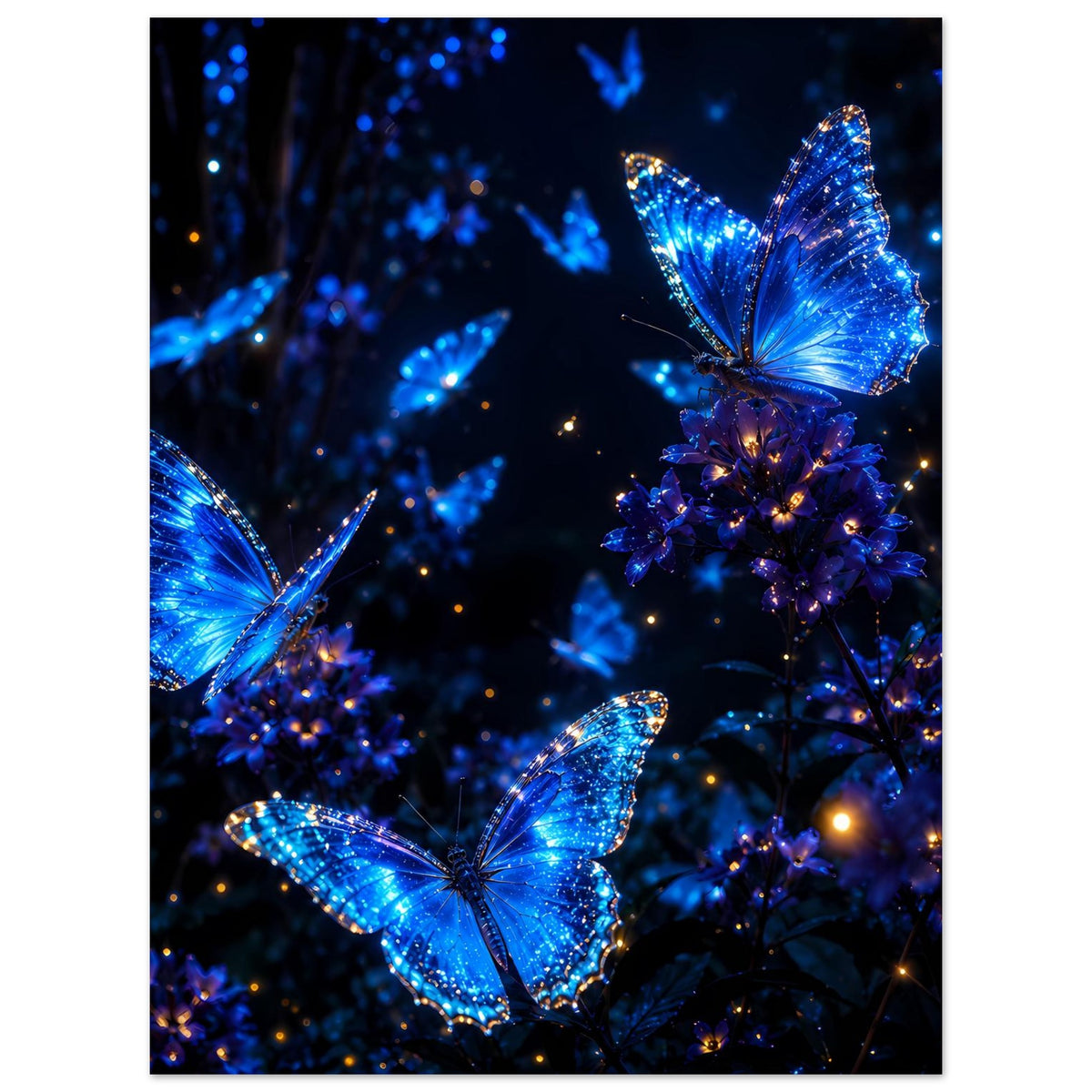 Poster mit drei blauen Schmetterlingen, funkelnden Lichtpunkten und dunkler Natur