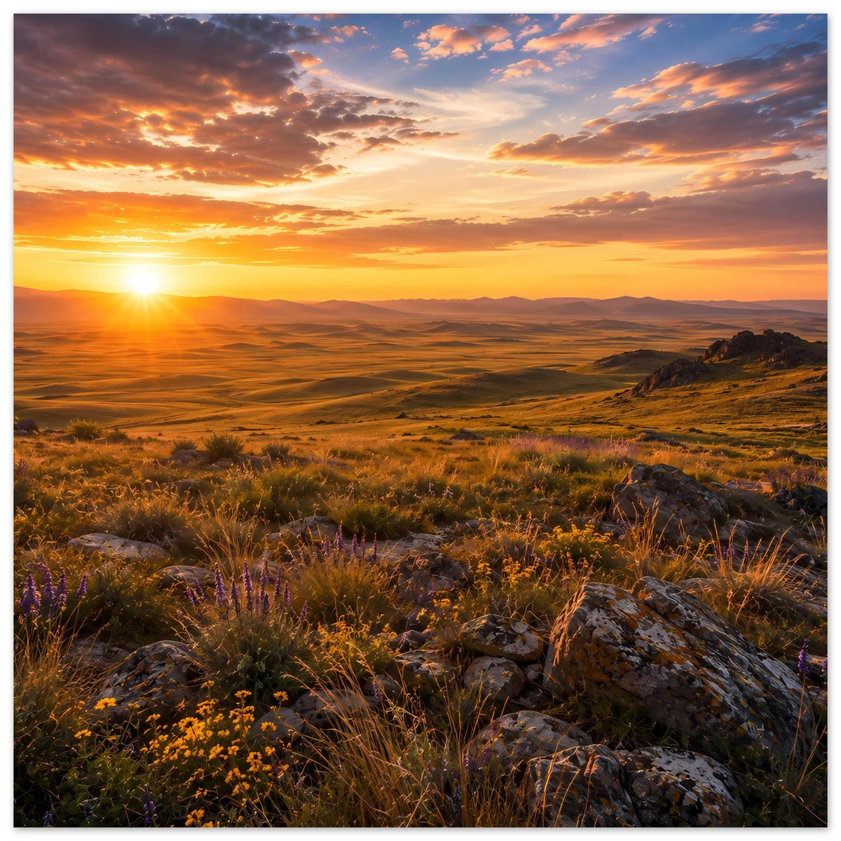 Horizontales Naturposter mit Sonnenuntergang, weitem Tal und felsigem Hügelhang mit Gras
