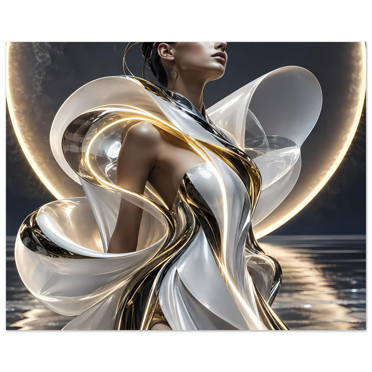 Abstraktes Poster: silber-goldene Metallwirbel und transparente Schleifen vor aufsteigender Figur