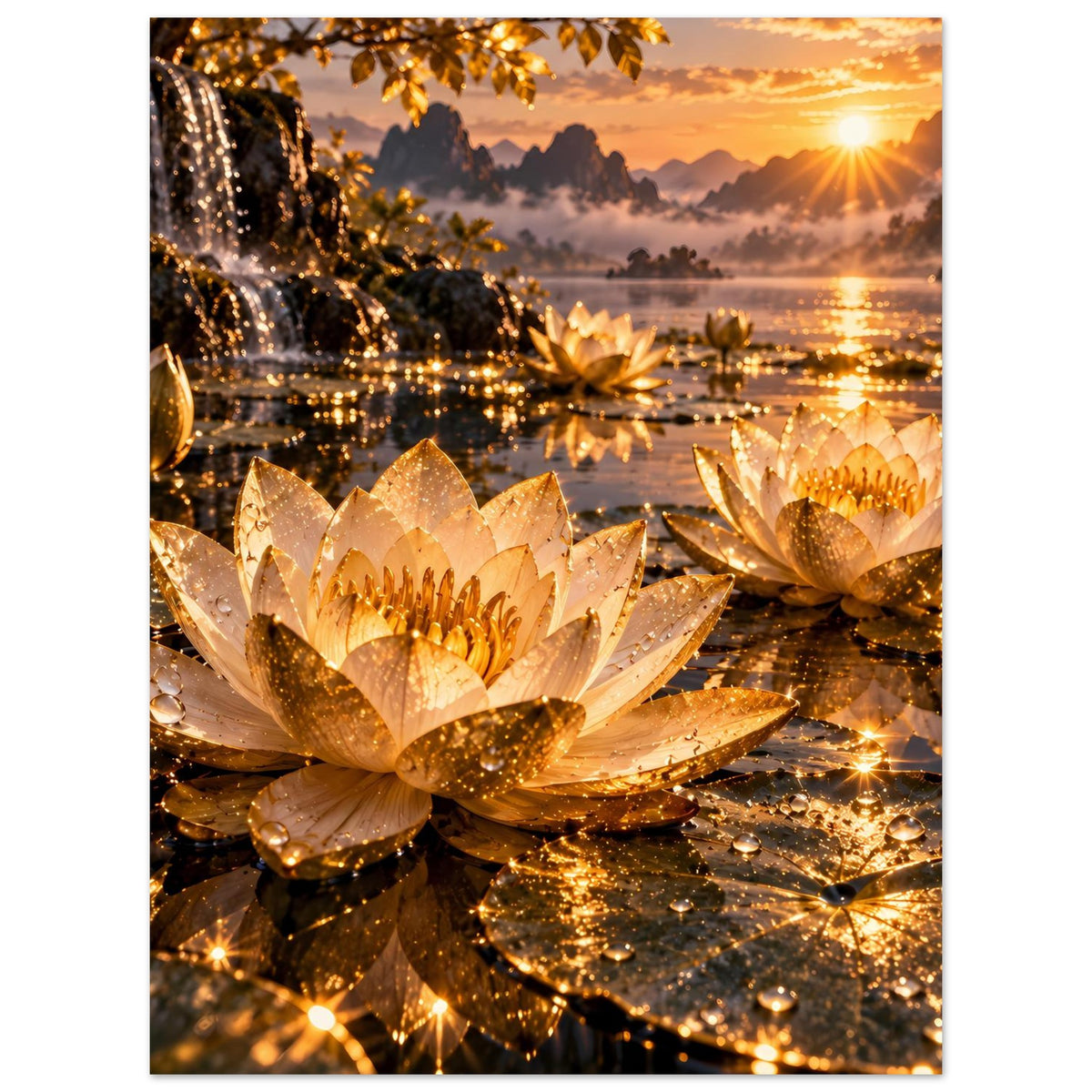 Lotusblumen-Poster mit goldenen Blüten, Glanzlichtern und Sonnenuntergang über Wasser