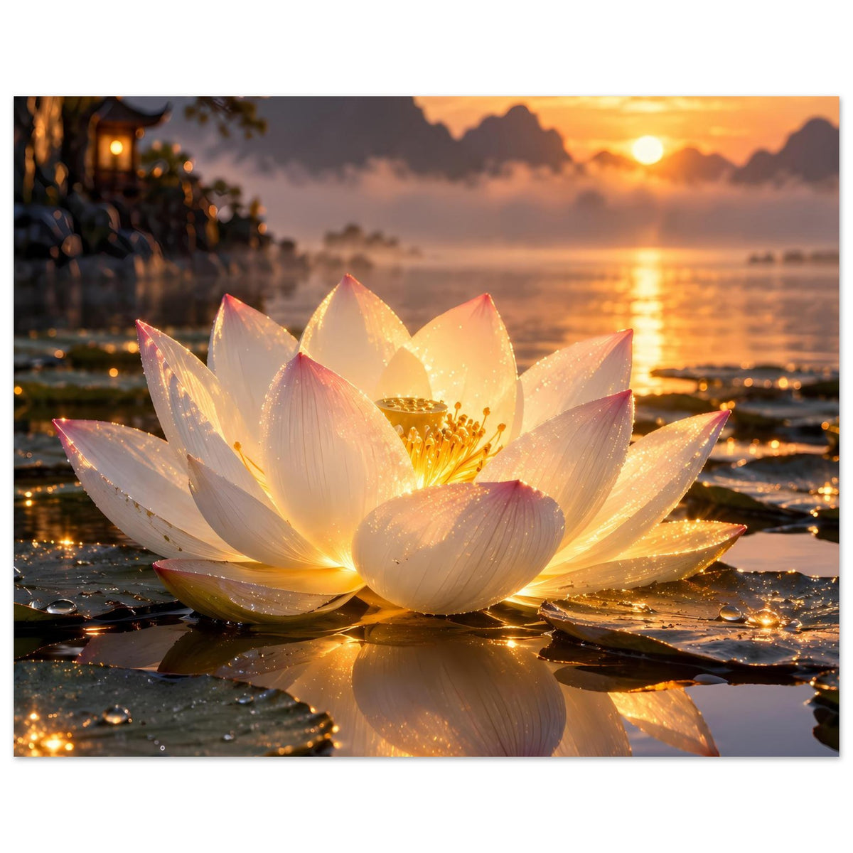 Poster mit Lotusblüte, gelber Blütenmitte und warmem Sonnenuntergang hinter den Blättern