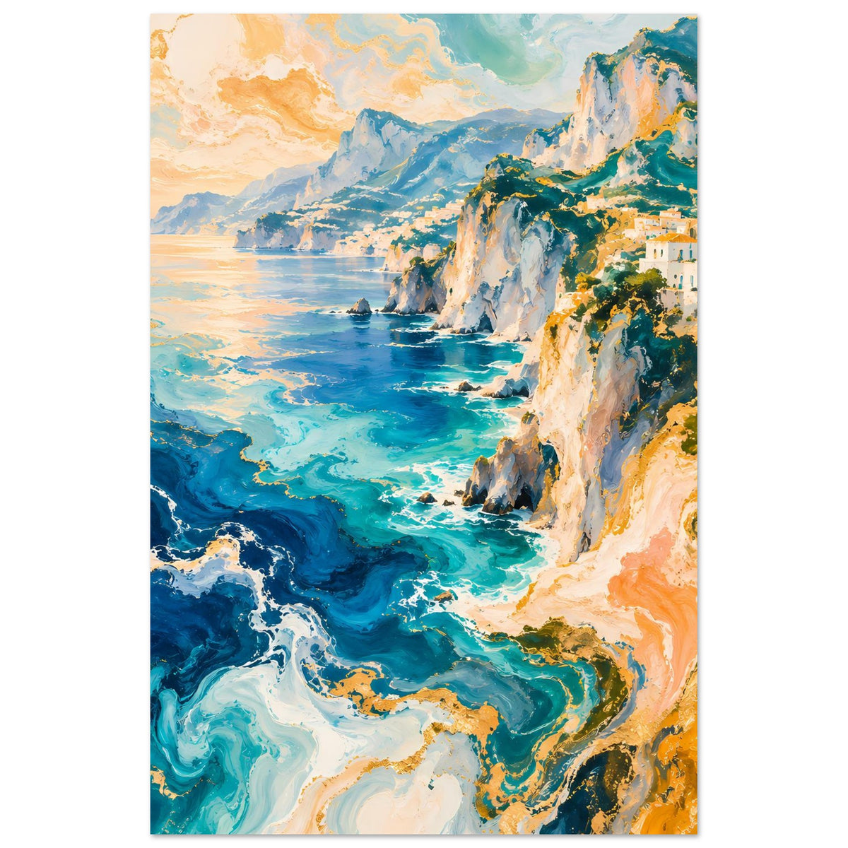 Vertikales Poster mit Küste: türkisblaues Wasser, weiße Klippen und Häuser auf der Höhe